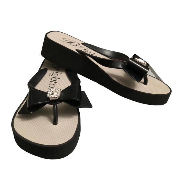 Brighton Shoes - Brighton Bowie Black Platform Wedge Sandals Thong Flip Flops Size 8